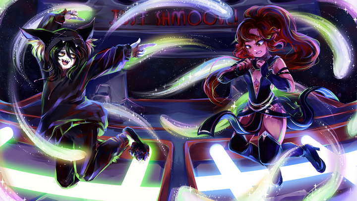 commission for midn1ghtcrystal: midnight and zabumby shmooving with the 'it takes two' lazer minigame