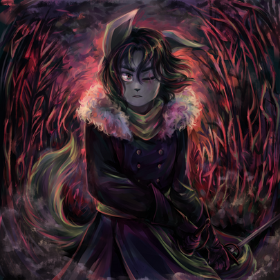 commission for val: rian + "the horror and the wild" by the amazing devil + haunted + slightly explosive fiery colours + fierce expression/pose